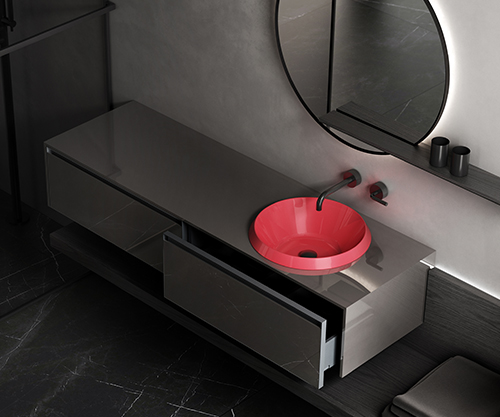 Lavabo Catino, Ø46 cm, semi-incasso, Solid Surface Laccato Rosso Rubino